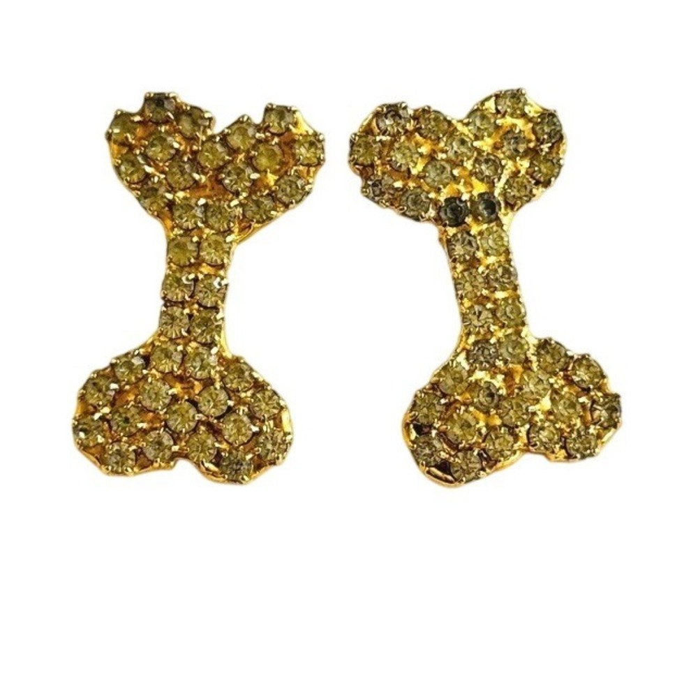 VTG Bauer signed Dog Bone earrings gold tone crystal rhinestone pierced Rare
